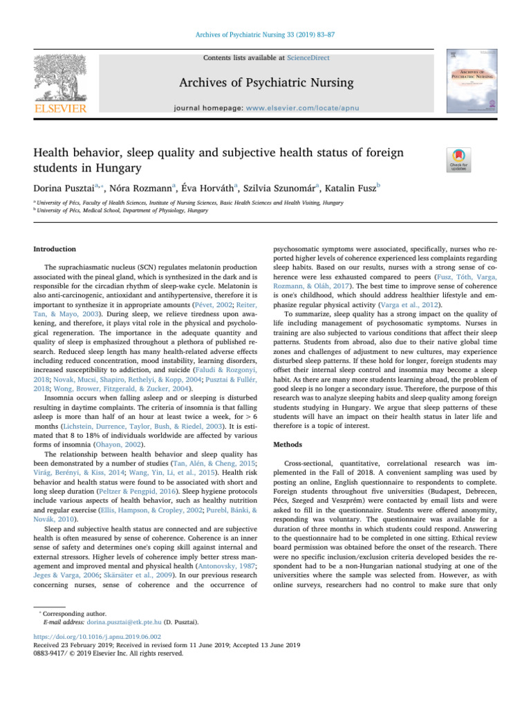 Sleep Quality in Foreign Students in Hungary | PDF | Sleep | Insomnia