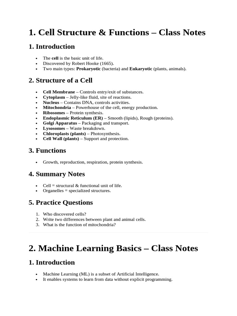 Cell Structure and Machine Learning Basics | PDF
