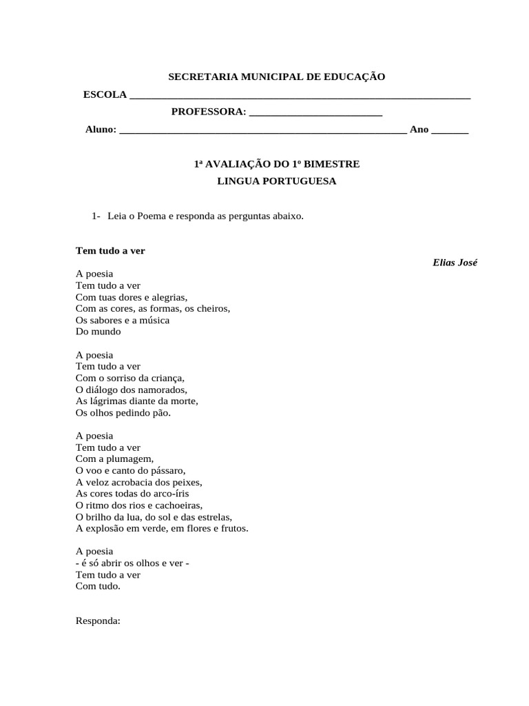 Avaliação de Língua Portuguesa 1º Bimestre | PDF