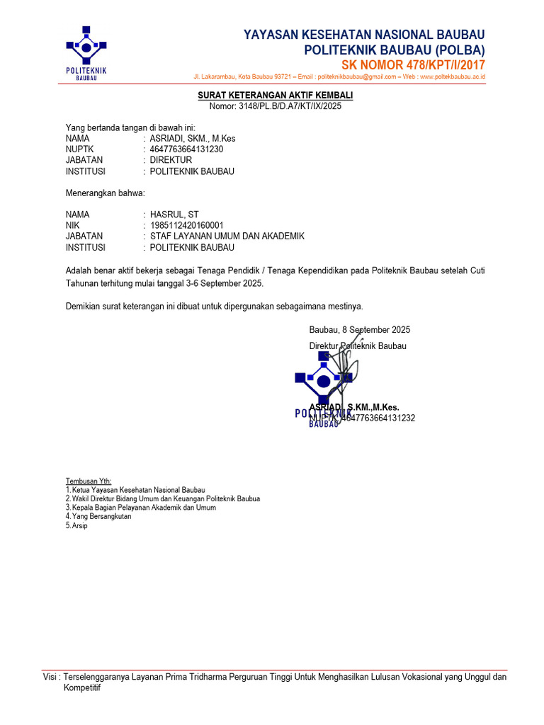 Surat Keterangan Aktif Kembali Polba | PDF