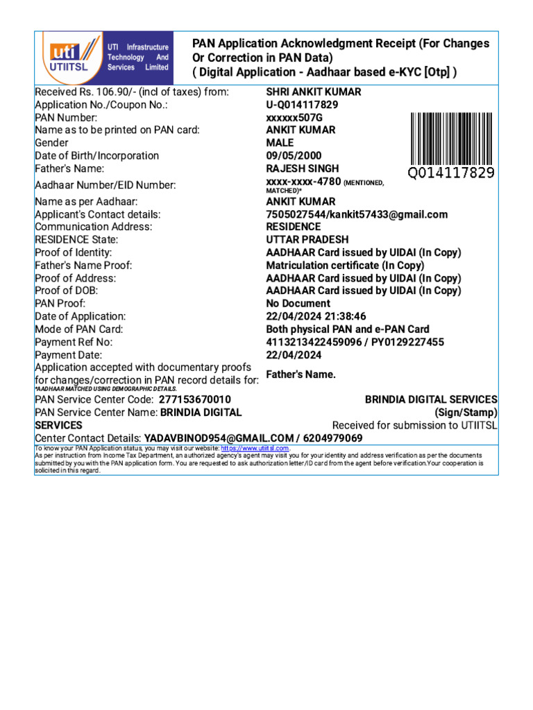 PAN Application Acknowledgment Receipt | PDF | Applications Of ...
