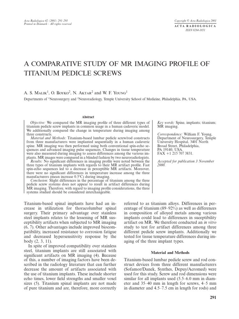 MR Imaging of Titanium Pedicle Screws | PDF | Magnetic Resonance ...