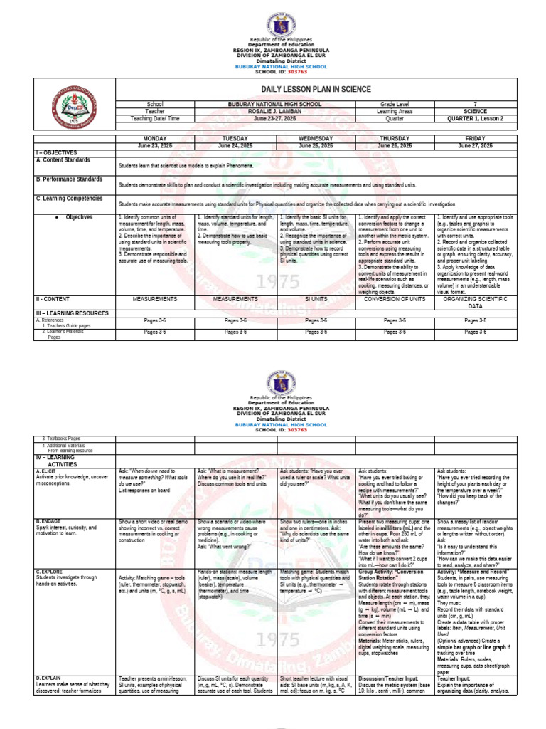 Grade 7 Science Daily Lesson Plan | PDF | Measurement | Volume
