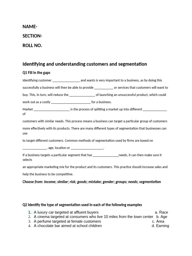 Market Segmentation Activity Worksheet | PDF | Marketing | Market ...