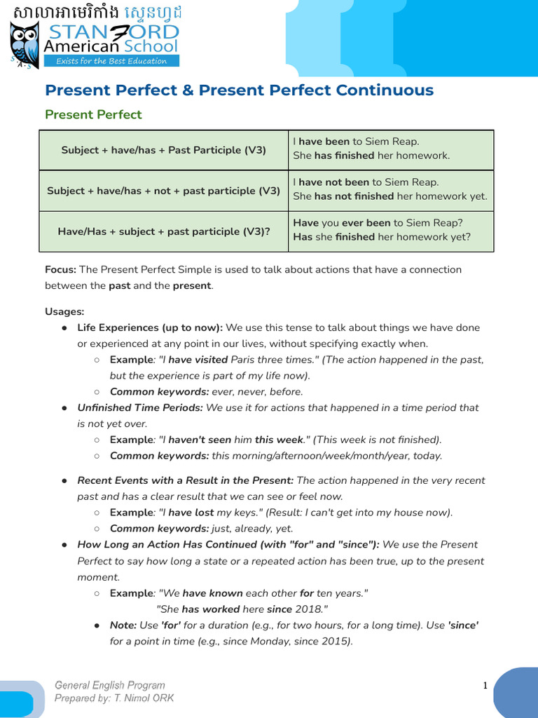 Present Perfect & Present Perfect Continuous L7 U1-2 | PDF | Linguistic ...