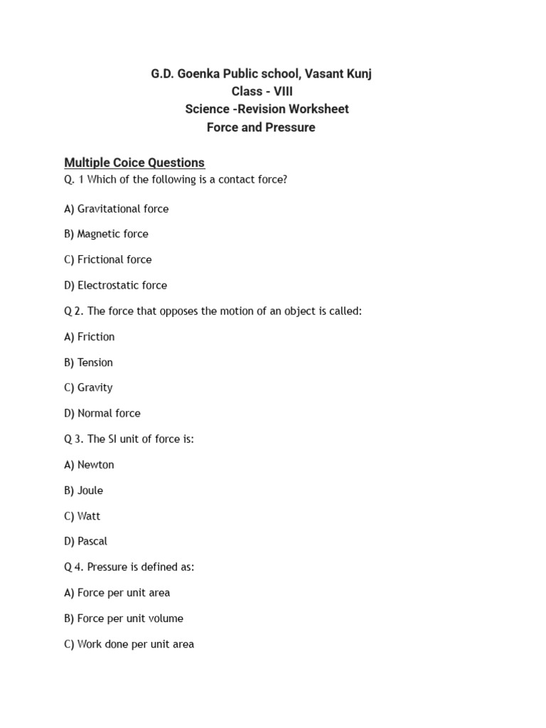 Class VIII Science: Force & Pressure Worksheet | PDF | Force | Pressure