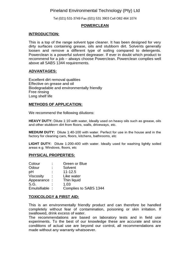 Powerclean Data Sheet | PDF