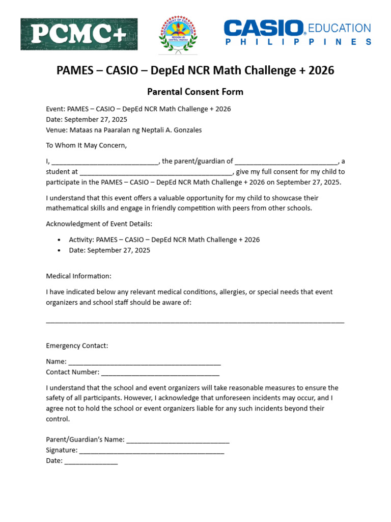 Parental Consent for Math Challenge 2026 | PDF