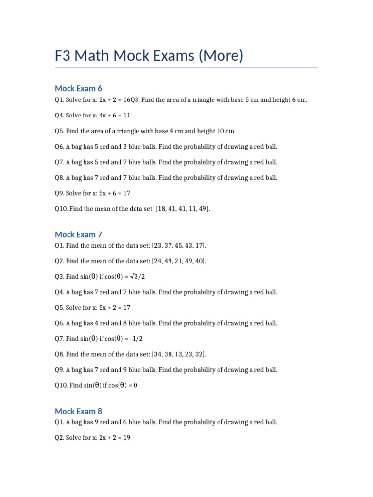 F3 Math Mock Exam Questions & Solutions | PDF