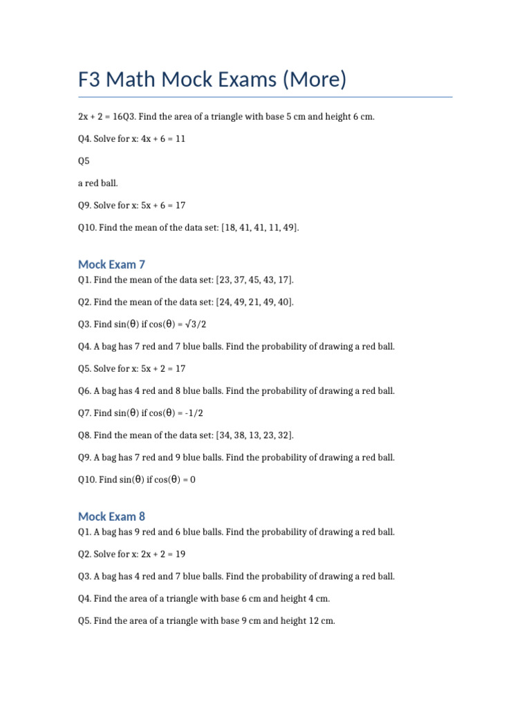 F3 Math Mock Exams with Solutions | PDF