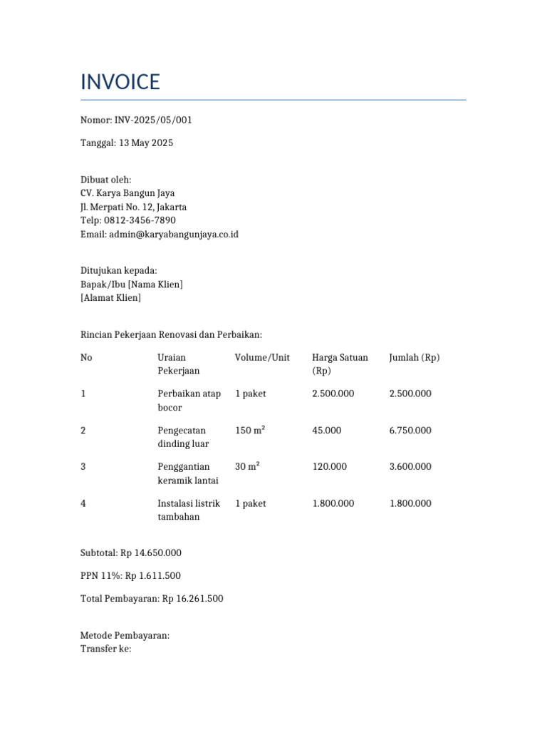 Contoh Invoice Proyek Renovasi | PDF