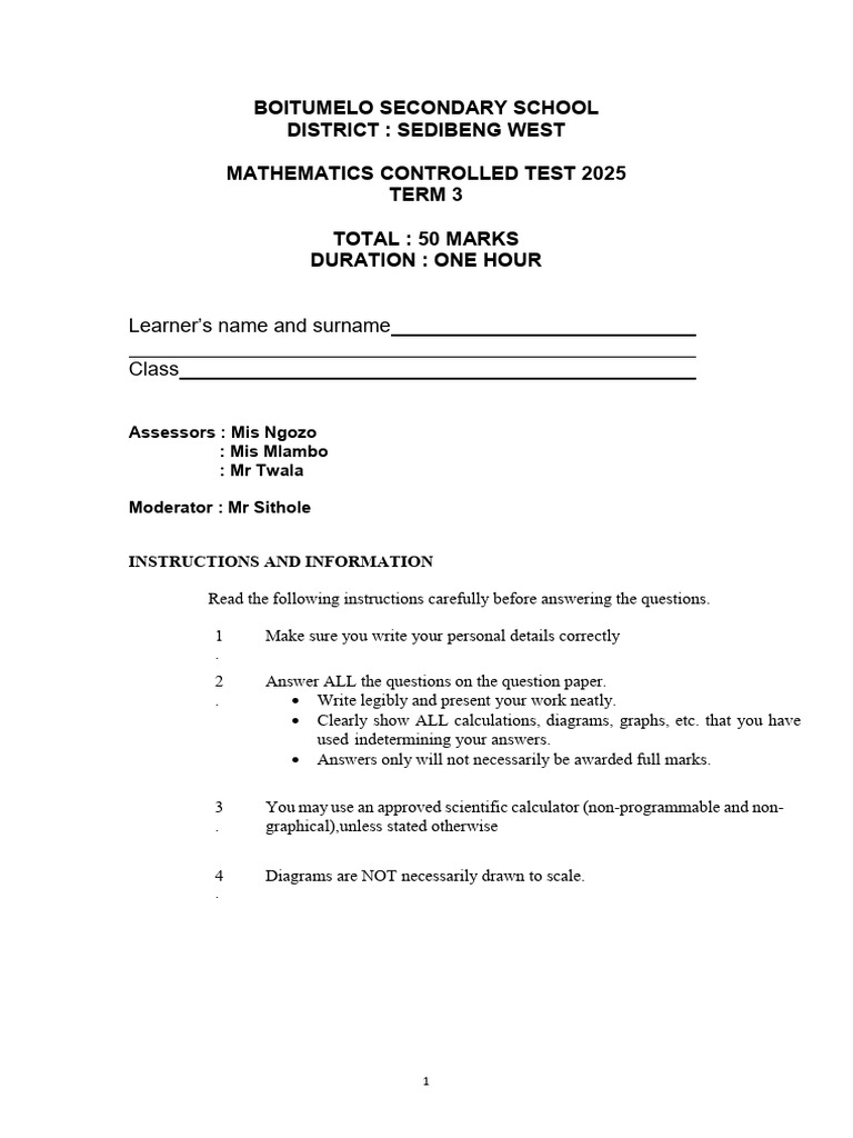 Grade 8 Term 3 Geometry Test | PDF | Line (Geometry) | Mathematical ...