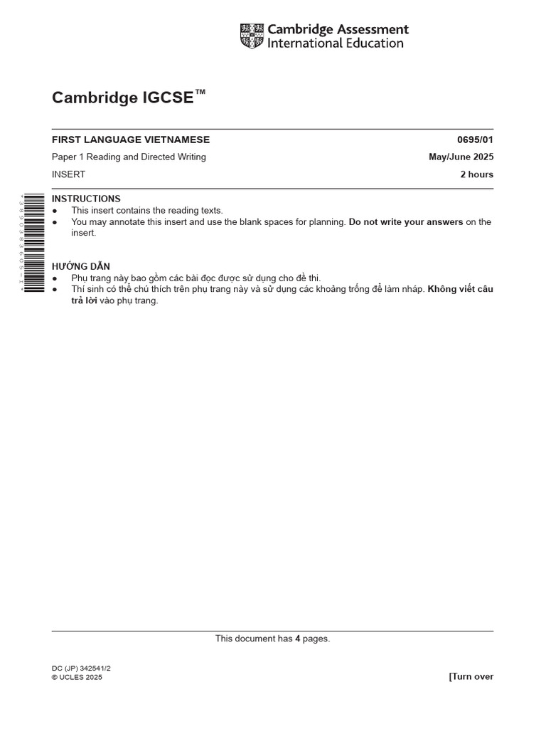 Cambridge IGCSE: First Language Vietnamese 0695/01 | PDF