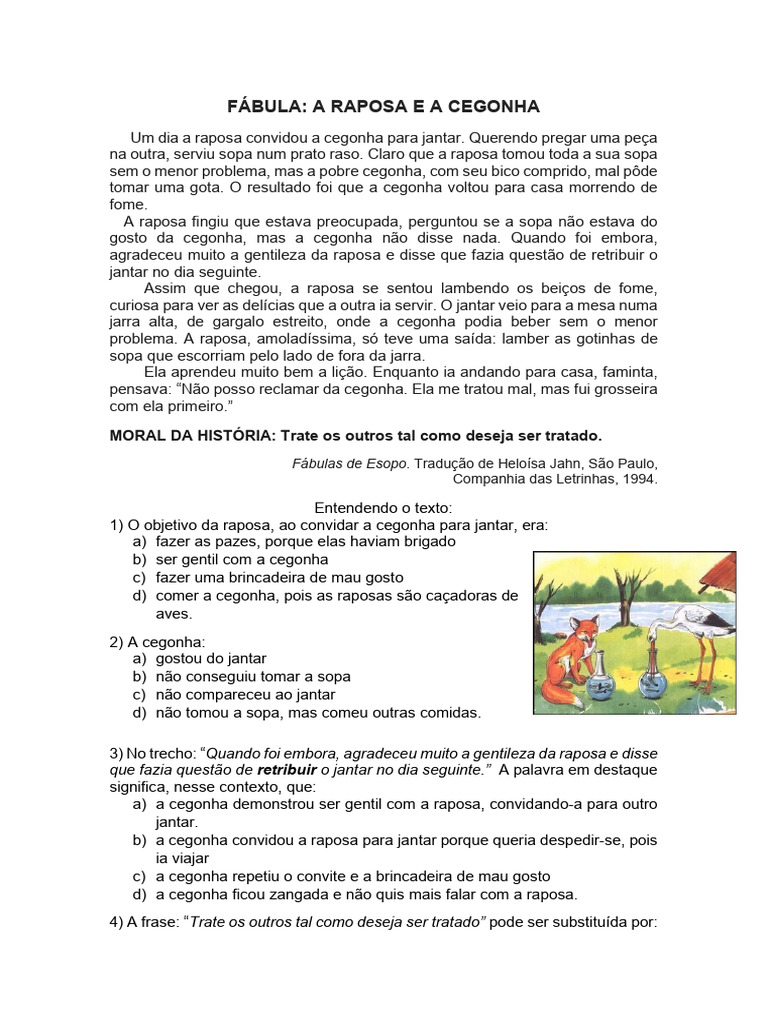 Fábula da Raposa e a Cegonha: Moral e Lições | PDF