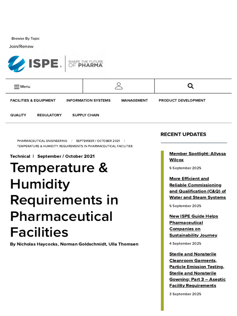 Temperature & Humidity Requirements in Pharmaceutical Facilities - ISPE ...
