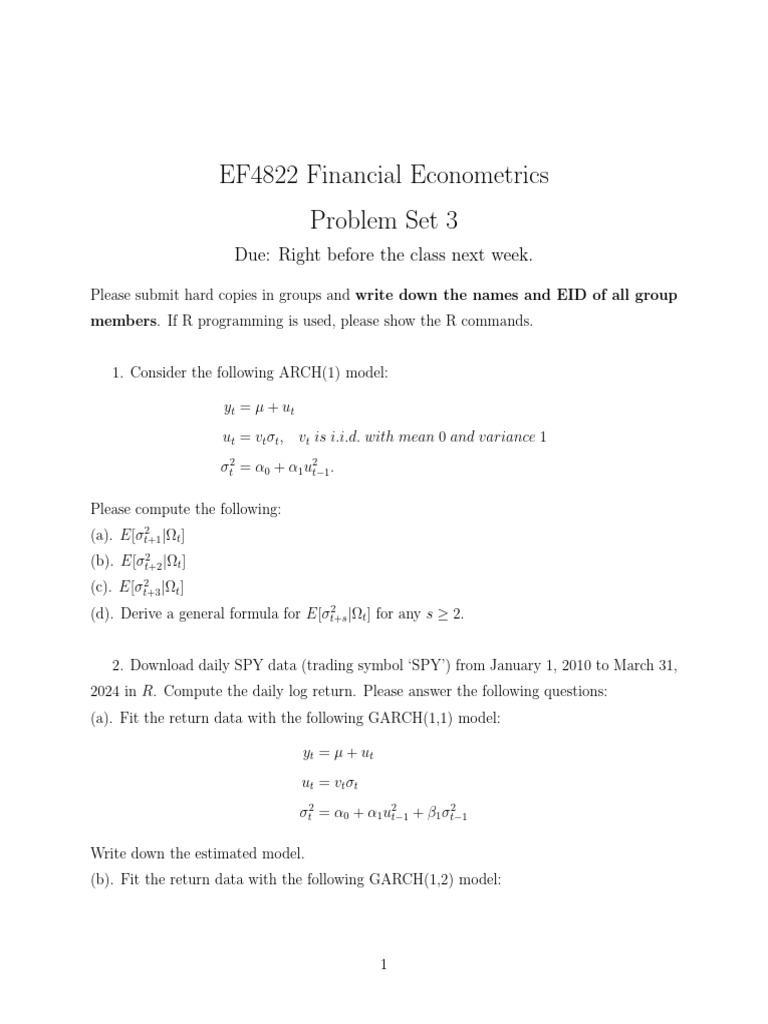 EF4822 Financial Econometrics Problem Set 3: Due: Right Before The ...