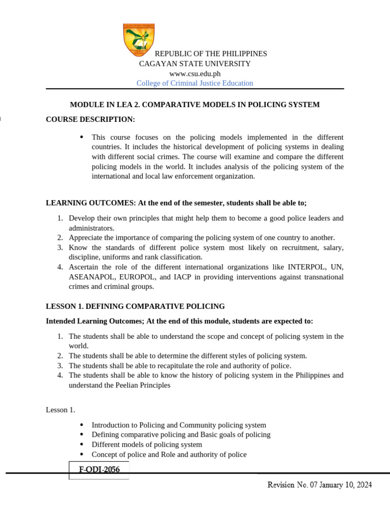 Comparative Models In Policing System Module 1 Pdf Police