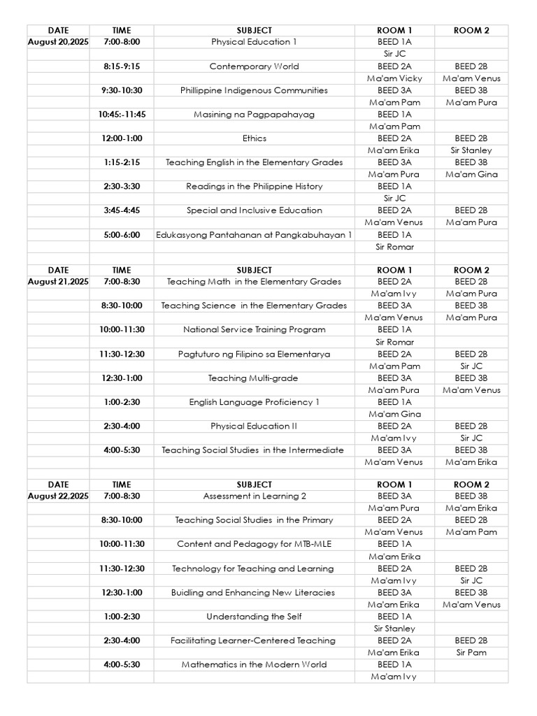 August 2025 Class Schedule for BEED | PDF | Human Communication | Cognition