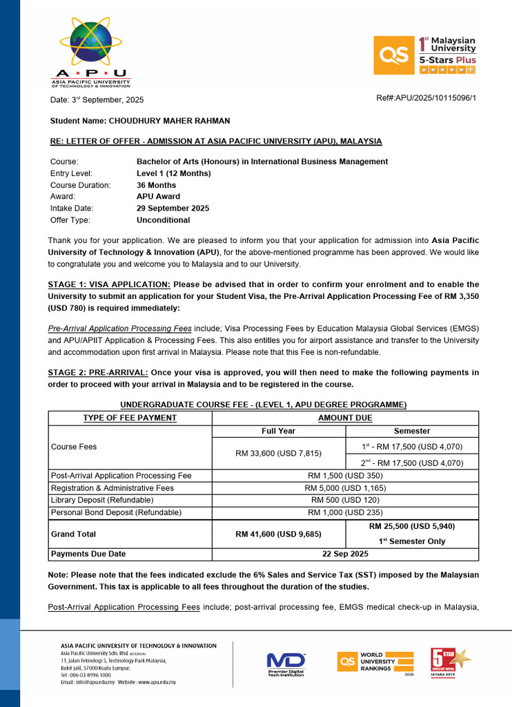 APU Admission Offer for International Business | PDF | Travel Visa ...