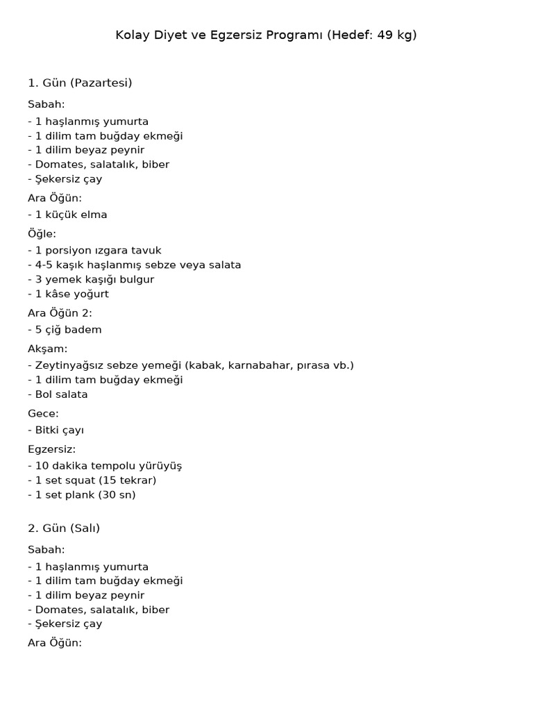 7 Gunluk Diyet Ve Egzersiz Programi | PDF