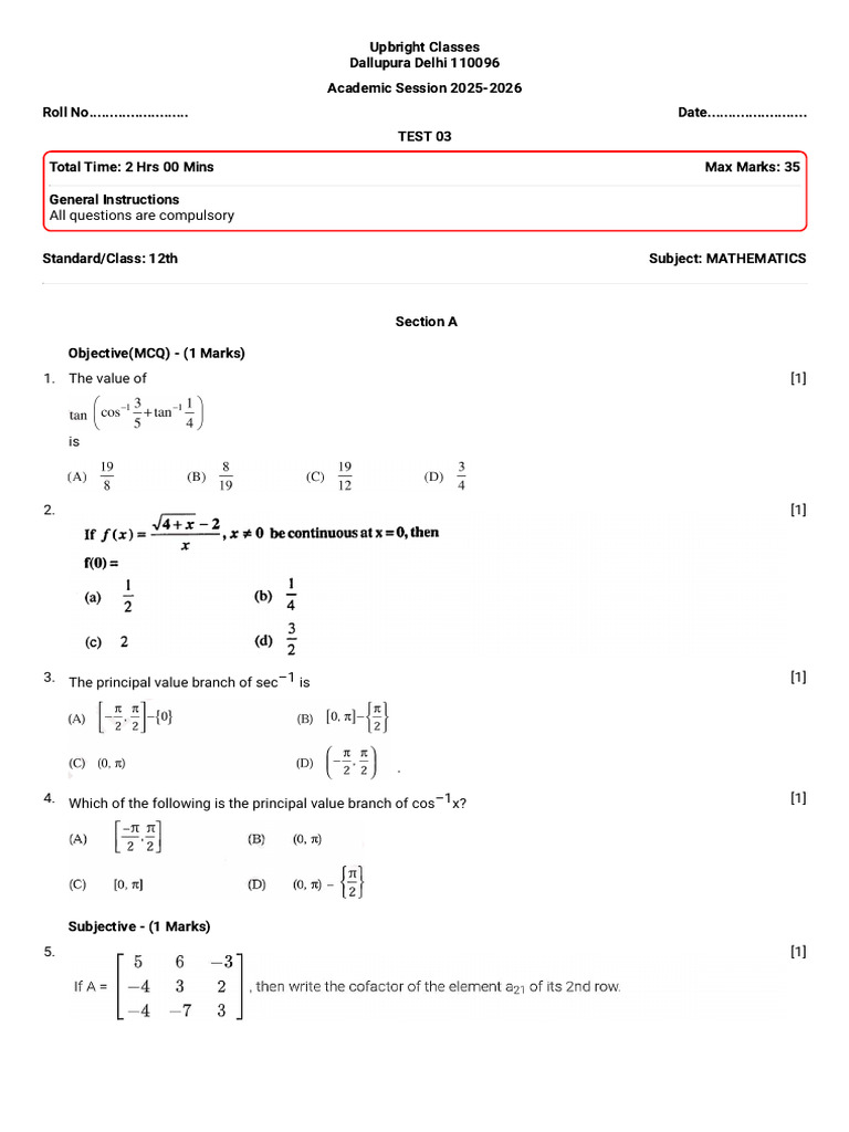 Class 12 Mathematics Test Paper | PDF