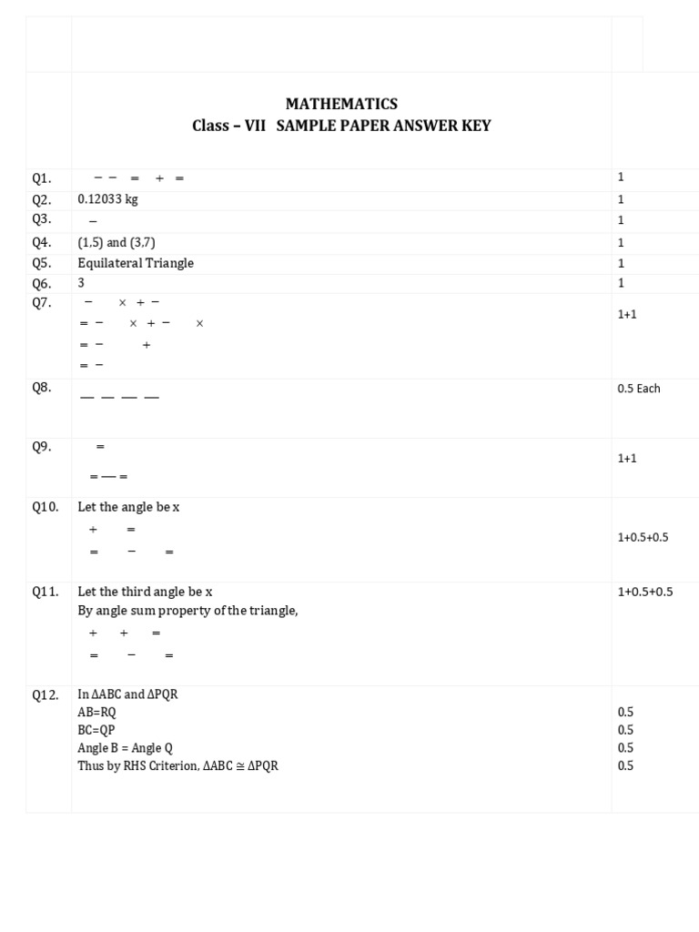 Class VII Mathematics Sample Paper Key | PDF | Elementary Mathematics ...