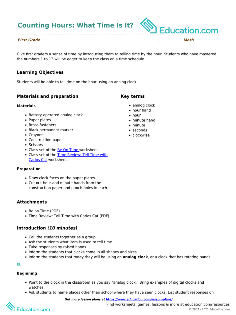 First Grade Lesson: Telling Time | PDF | Clock | Learning
