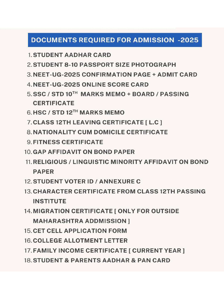 Documents Required For Admission - 2025 | PDF