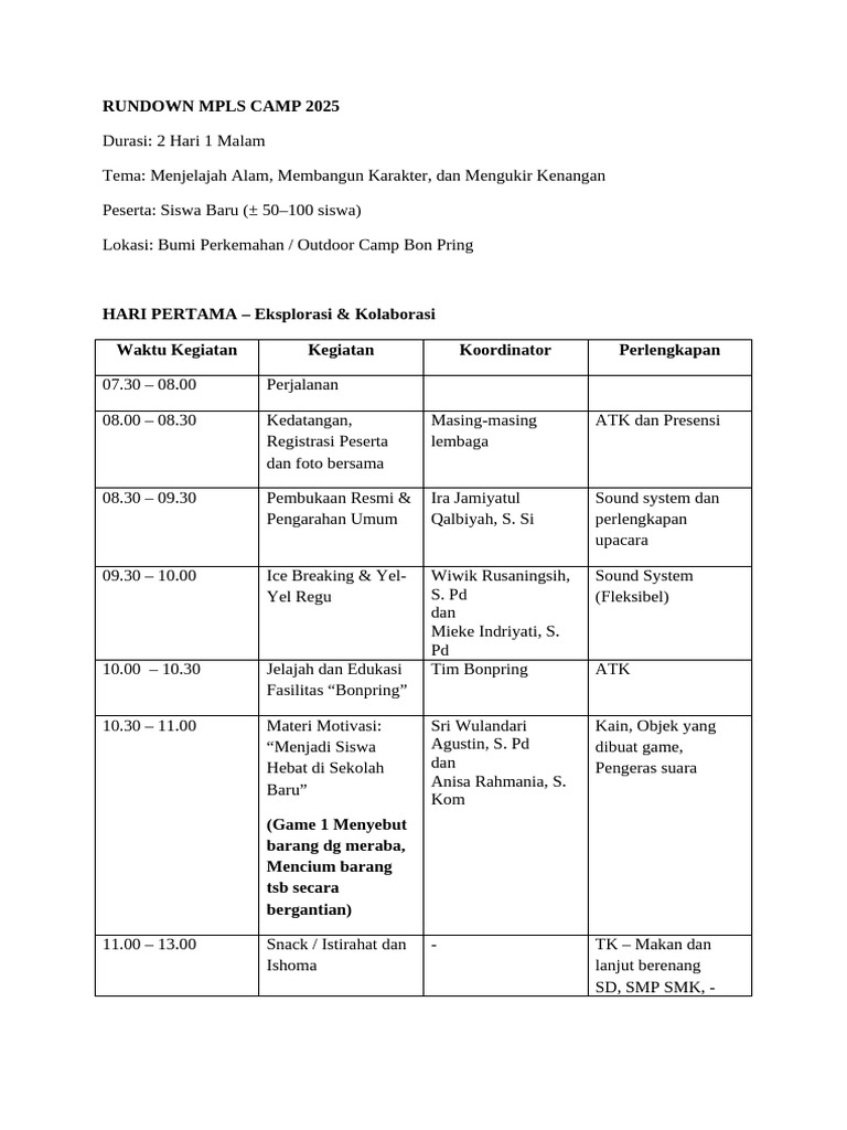 Rundown MPLS Camp 2025 Siswa Baru | PDF