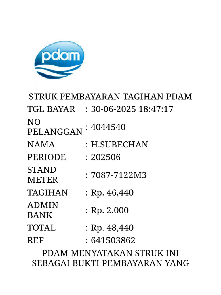 Struk Pembayaran Tagihan PDAM 2025 | PDF