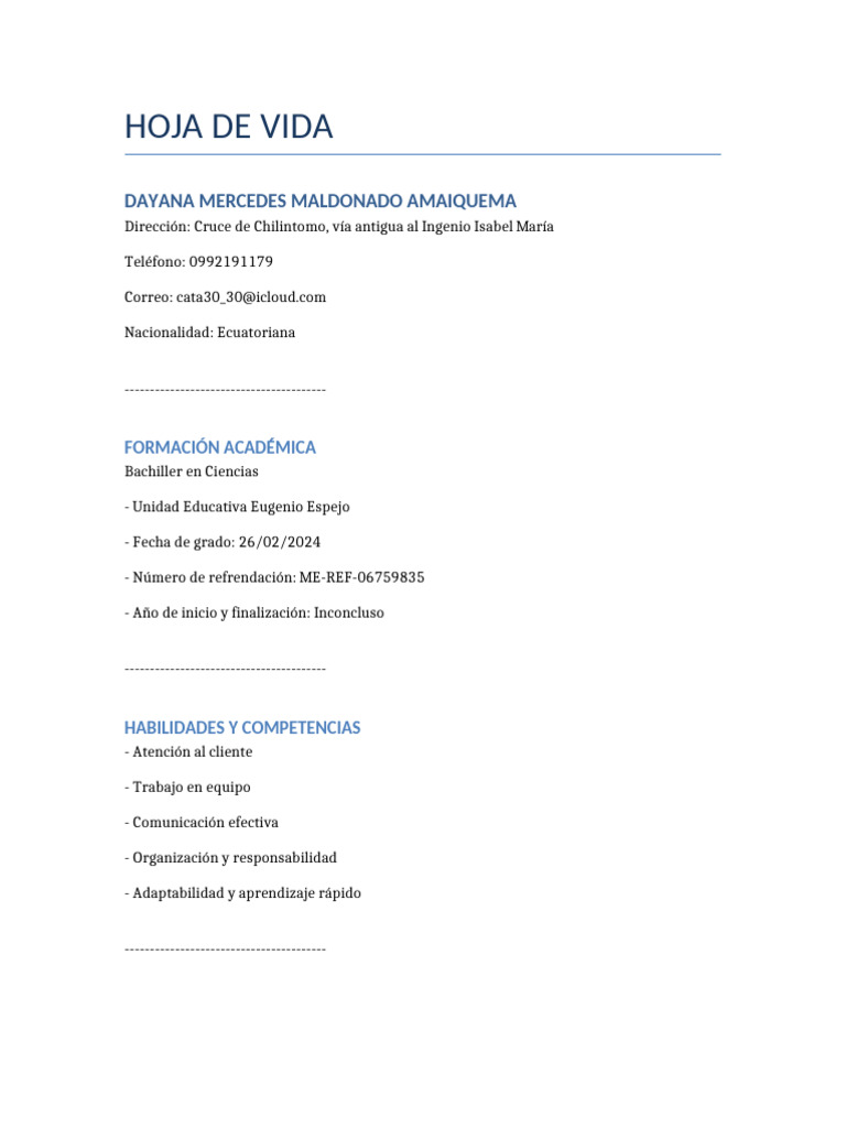 Hoja de Vida Dayana Maldonado | PDF