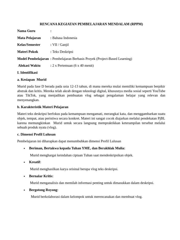 Contoh RPP Bindo Model PBL | PDF
