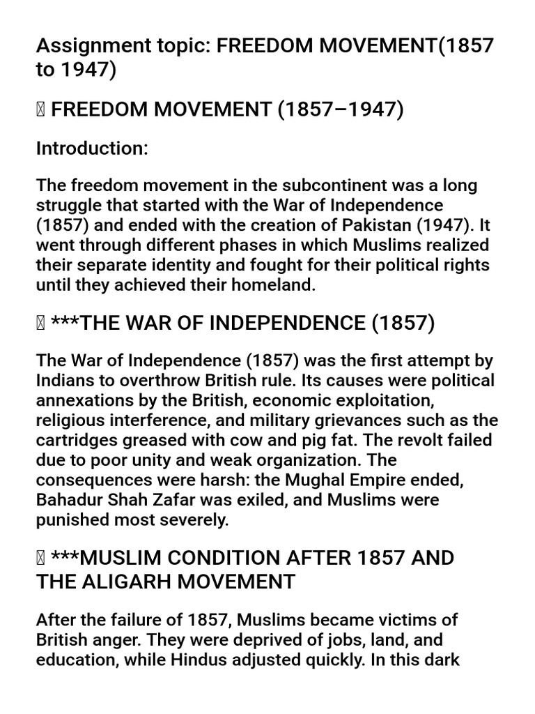 Freedom Movement in India (1857-1947) | PDF | Pakistan Movement | All ...