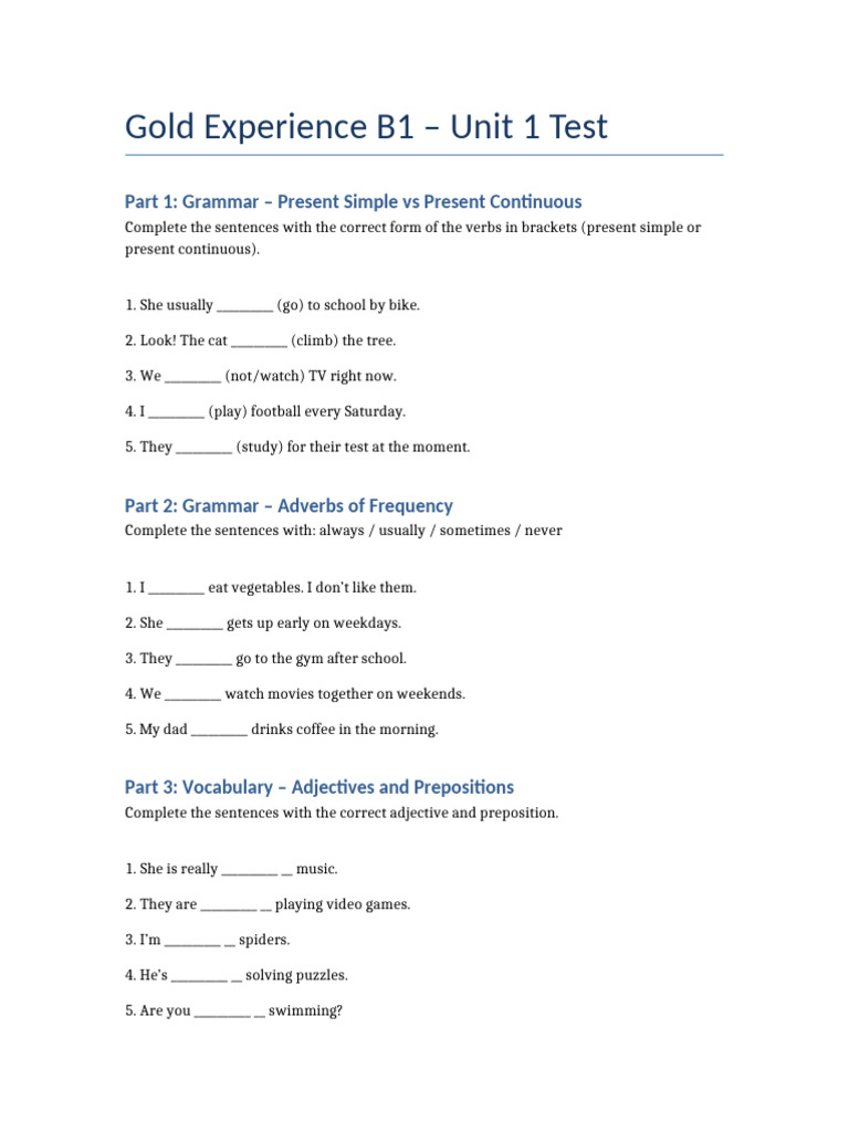 Gold Experience B1 Unit 1 Test Guide | PDF