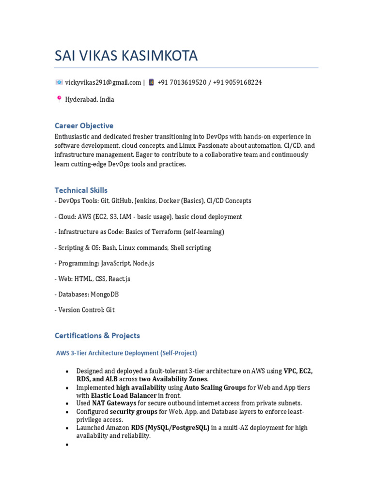 DevOps Fresher Resume with Projects | PDF | Amazon Web Services | Computing