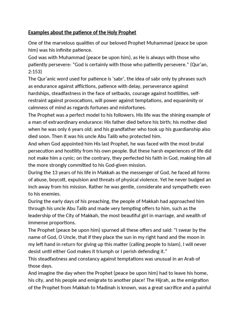 Examples About The Patience of The Holy Prophet | PDF | Muhammad | Patience
