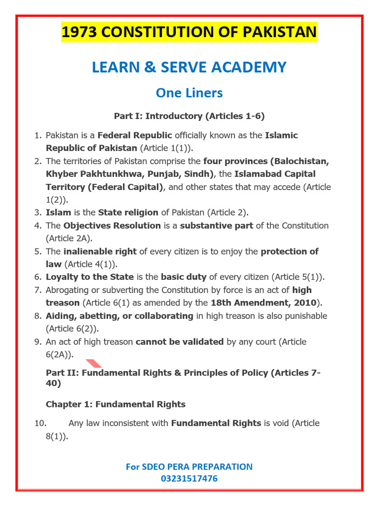Key Articles of Pakistan's 1973 Constitution | PDF | Parliament Of ...