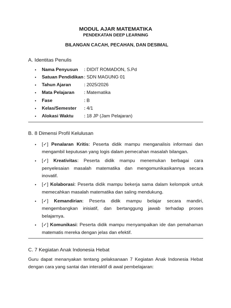 Modul Ajar Matematika Kelas 4 Deep Learning | PDF