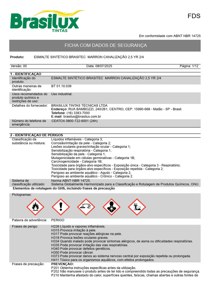 10 - FDS NBR 14725 (PT) - BT - 0110039 - ESMALTE SINTETICO Manutenção ...