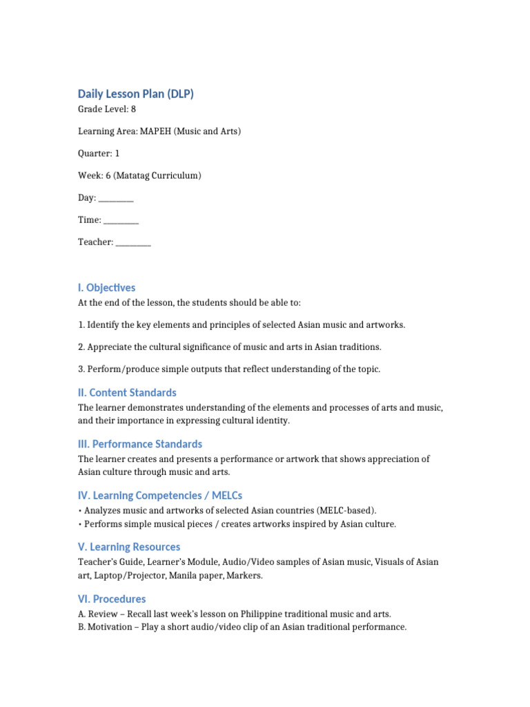 8th Grade MAPEH Asian Arts Lesson Plan | PDF