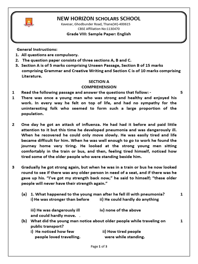Grade VIII English Sample Paper Outline | PDF | Syntax | Grammar