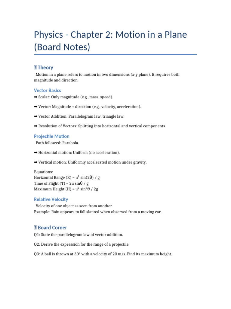 Motion in a Plane: Key Concepts & Equations | PDF