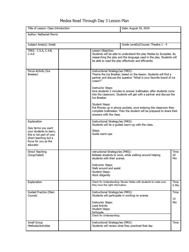 Medea Lesson Plan for Theatre Class | PDF | Lesson Plan | Behavior ...