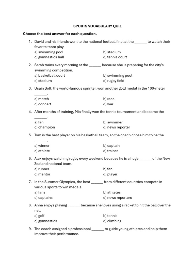 Sports Vocabulary Quiz and Exercises | PDF | Lunch | Sports