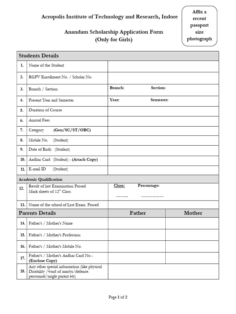 Application Form I Yr (For Girls) | PDF