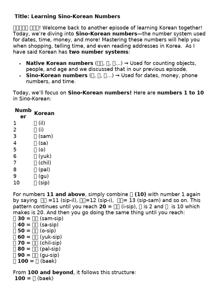 Mastering Sino-Korean Numbers 1-100 | PDF