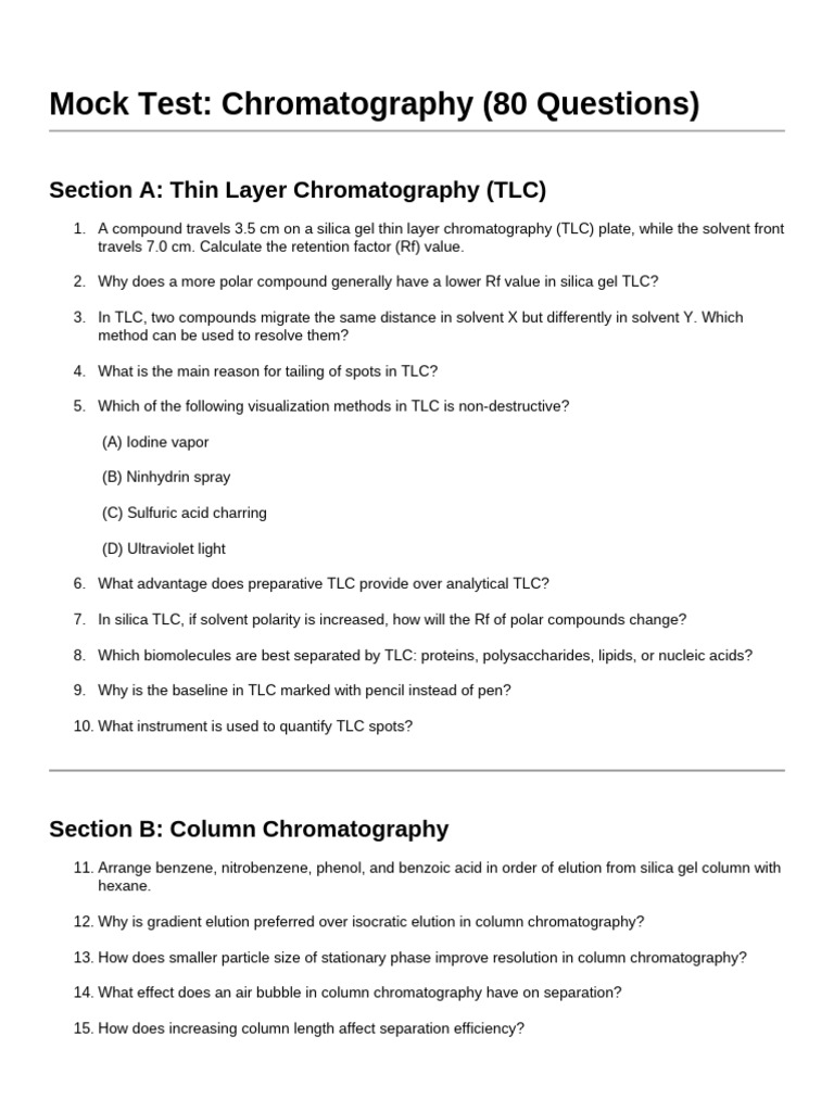 Chromatography Mock Test Questions | PDF | Chromatography | High ...
