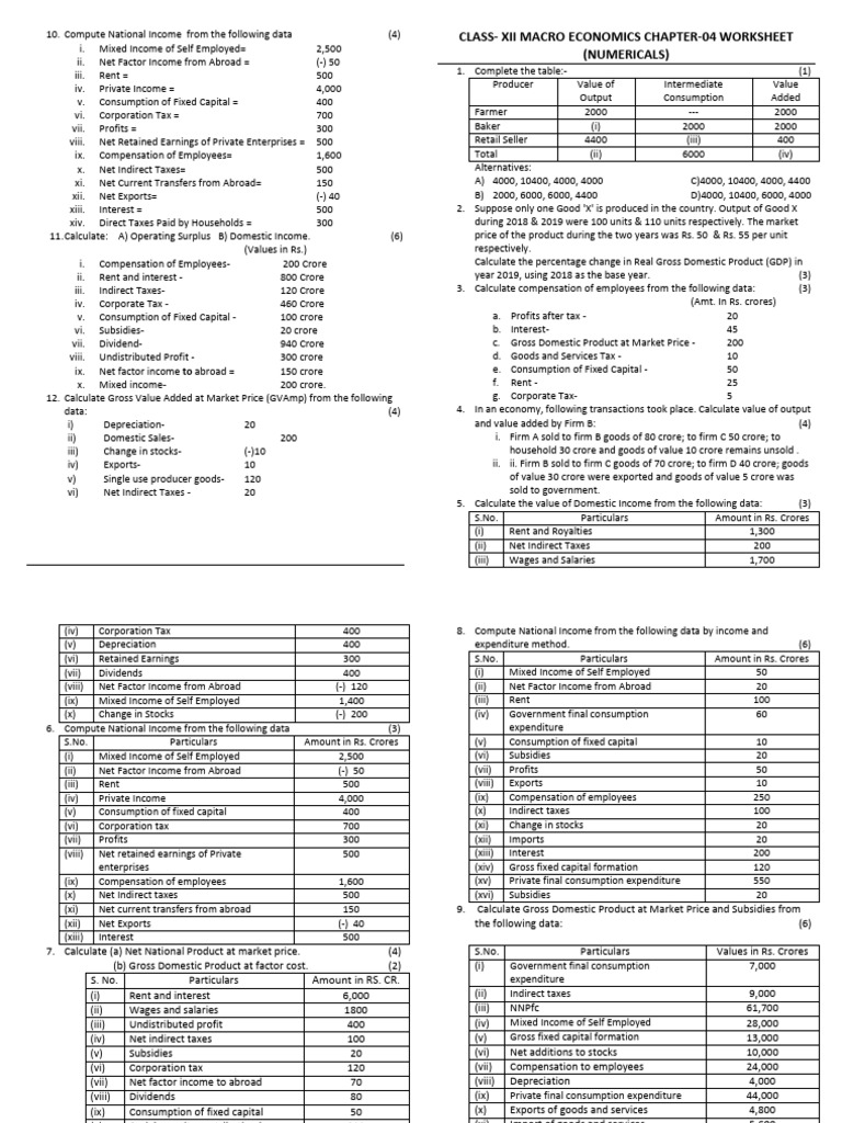National Income Calculation Worksheet | PDF | Consumption Of Fixed ...
