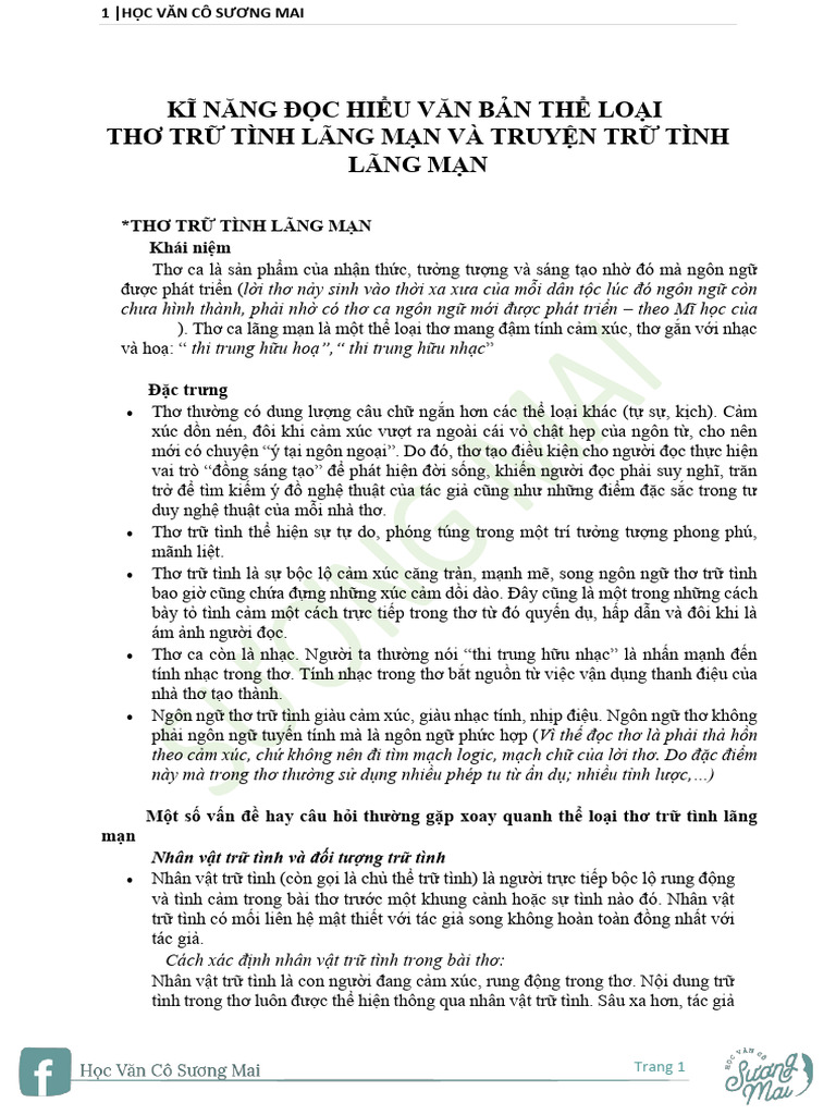 Kĩ Năng Đọc Hiểu Văn Bản Thể Loại Thơ Và Truyện Trữ Tình Lãng Mạn | PDF