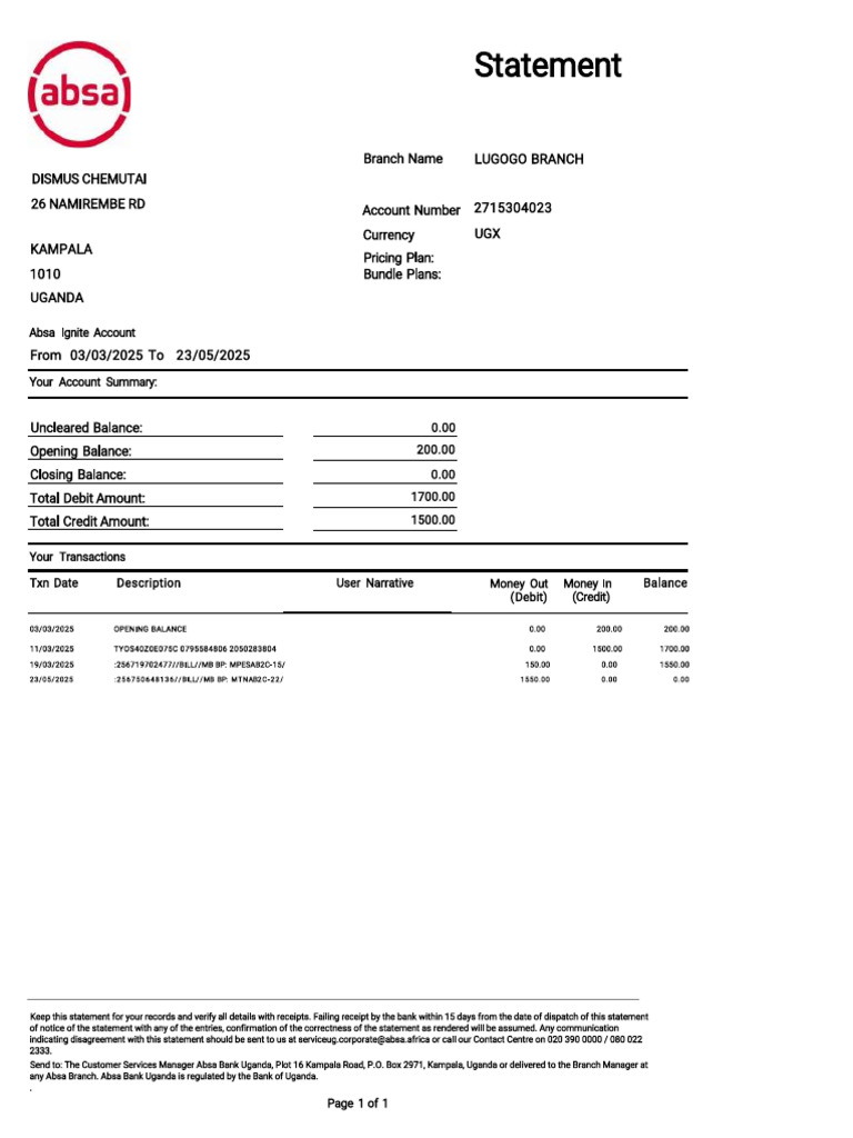 Absa Ignite Account Statement Summary | PDF | Debits And Credits | Banks